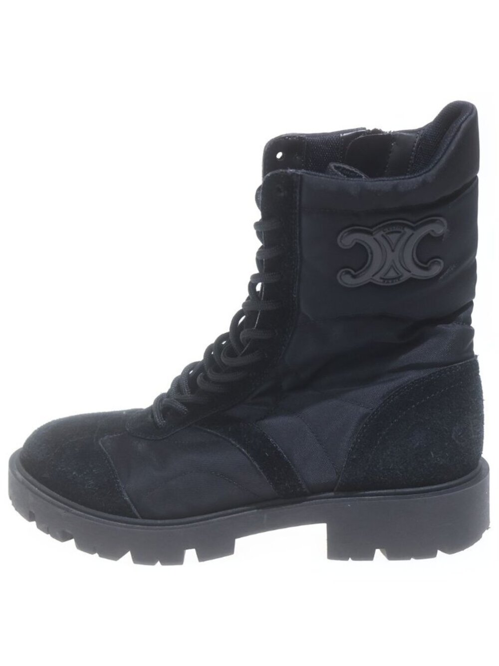 Celine Triomphe Lace Up Suede Nylon Side Zip Ankle Boots Black